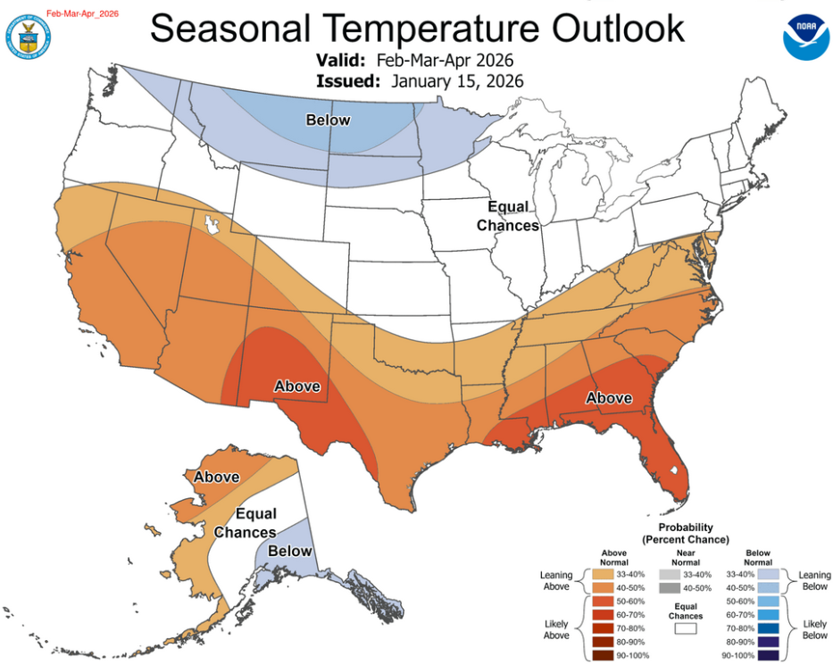 [Climate Prediction Center](https://www.cpc.ncep.noaa.gov/) Seasonal Temperature Outlook Map.